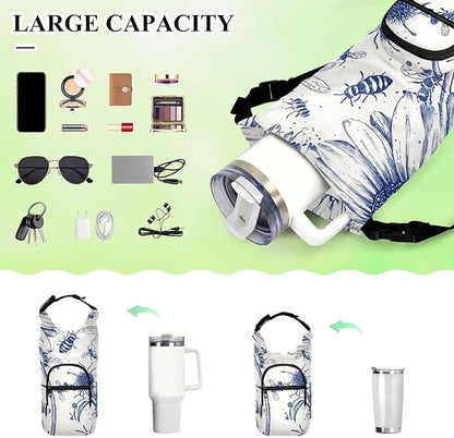 Ink Bees Daisy Water Bottle Holder with Strap Insulated Water Bottle Carrier Crossbody Bags Pouch with Phone Pocket for Travel Gym Hiking Walking Running