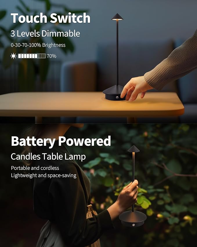 Modern Cordless Table Lamp Set of 2, Portable LED Desk Lamps, 5000mAh Rechargeable Battery Operated Lighting for Bedroom Dining Room Restaurant Coffee Shop Camping Night Light (Black)