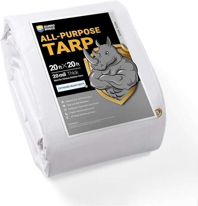 GUARD SHIELD Extreme Heavy Duty White Poly Tarp 20x20 Feet Cover Waterproof Tarps 20mil Thick UV and Tear Resistant Tarpaulin