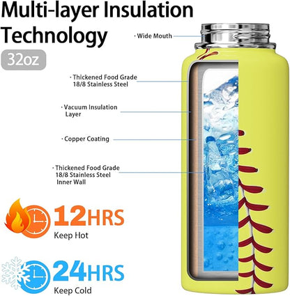 Softball Water Bottle 32oz Insulated Sports Water Bottles Softball Gifts for Men Women Gift for Coach Lovers Fan Players Stuff Accessories for Boys Girls