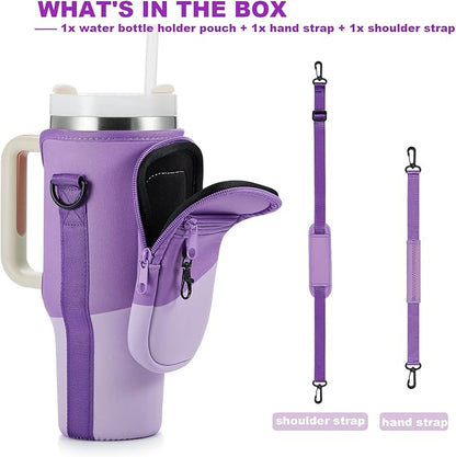 Water Bottle Carrier Bag with Phone Pocket for Stanley 40 & 30 oz Tumbler with Handle,Pink Insulated Neoprene Cup Holder Pouch w/Adjustable Strap for Quencher H2.0 Stanley Cup Accessories