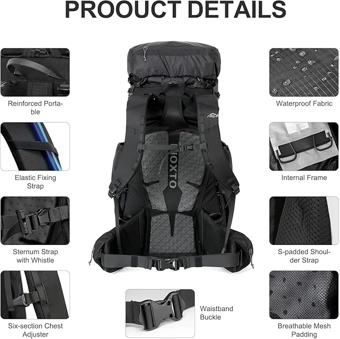 55L Internal Frame Waterproof Hiking Camping Backpack with 3L Water Bladder and Rain Cover, Large Lightweight Travel Daypack Rucksack for Climbing (8120 Black)