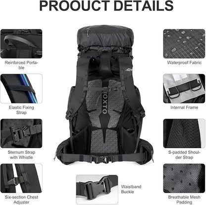 55L Internal Frame Waterproof Hiking Camping Backpack with 3L Water Bladder and Rain Cover, Large Lightweight Travel Daypack Rucksack for Climbing (8120 Black)