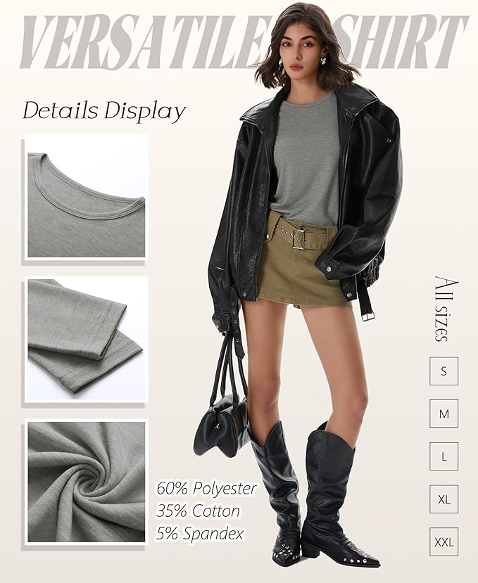 Huukeay 5 Pack Women's Crew Neck Long Sleeve Shirts, Cotton Blend Casual Clothes Workout Basic Layering Tee Tops Multipack