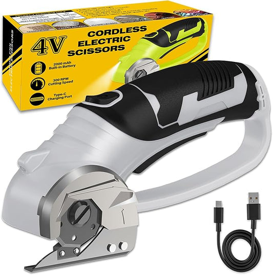 Cordless Electric Scissors, 4V Box Cutter & Cardboard Cutter with Upgrade Blade, LED Light, Safety Lock - Rechargeable Rotary Cutter for Fabric, Leather, Plastic, Crafting, Sewing, Industrial (Grey)