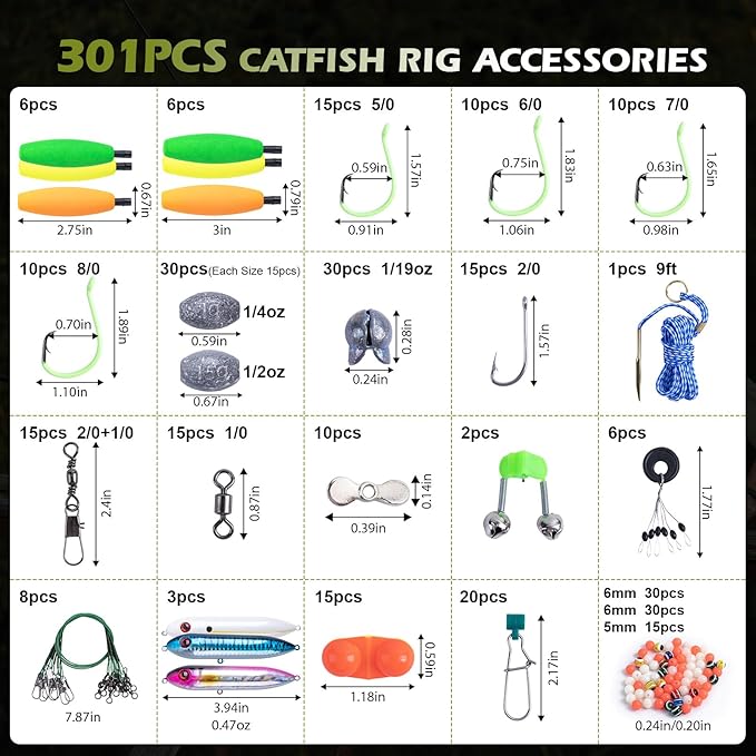 Goture Catfish Rig Making Kit,301pcs Catfishing Tackle with Luminous Fishing Hook Swivel Sinker Weights Rattle Float Bobber Stoppers,Catfish Rigs Accessories with 3600 Tackle Box,Gifts for Men