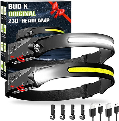 Rechargeable Headlamp 2Pack, 230°Wide Beam Headlamp for Adults, LED Headlamp with Clips-Camping Gear, 6 Modes, Motion Sensor, Head Lamp Flashlight for Cycling, Running, Fishing, Camping