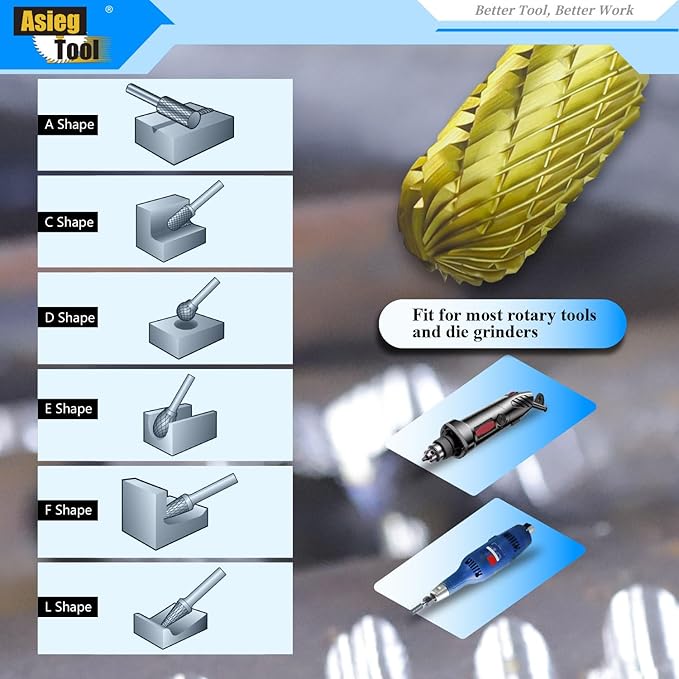 Carbide Burrs TiN Set with 1/4''Shank Double Cut Solid Power Tools Tungsten Carbide Rotary Files Bits for Die Grinder Metal Wood Carving Engraving Polishing Drilling Grinding Milling Cutting 10pcs