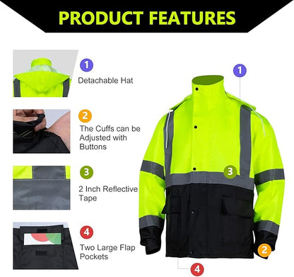 FONIRRA Class 3 High Visibility Rain Suit With Detachable Hood Waterproof Lime Reflective Safety Worker Jacket & Pants (2XL/3XL Yellow)