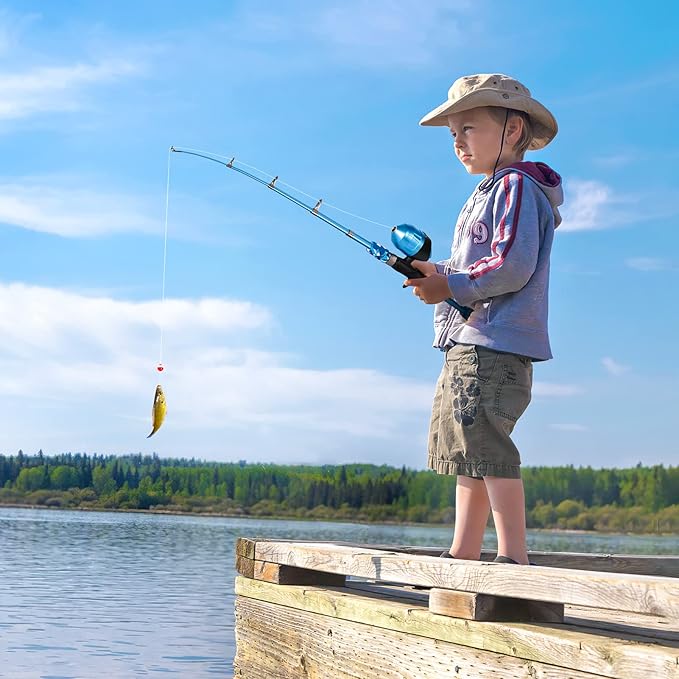 PLUSINNO Kids Fishing Pole with Spincast Reel Telescopic Fishing Rod Combo Full Kits for Boys, Girls, and Adults