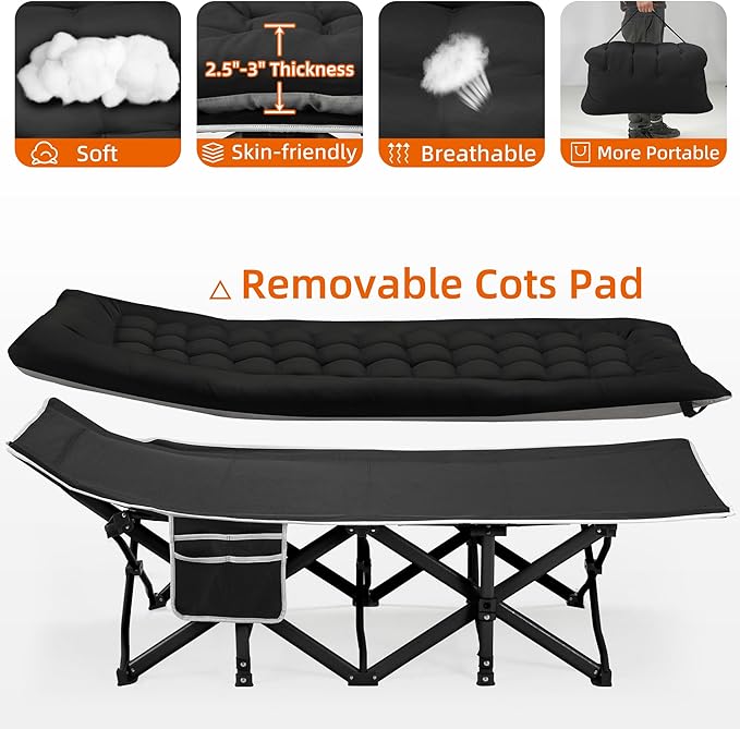 Portable Camping Cot, Sleeping Cots for Adults, 28" Extra Wide Heavy Duty Folding Cot Max Load 600LBS with Thick Mattress, Portable Camping Bed for Outdoor Camp/Office, Home Nap (Black)