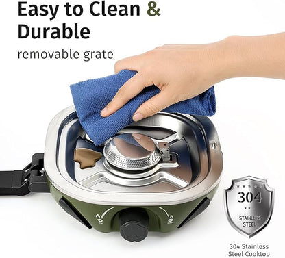 Propane Camping Stove 20,000 BTU - Portable 2 Burner Gas Stove with Adjustable Flame Control, Piezo Ignition, Carry Bag & Propane Adapter Hose, Folding Design for Camp, BBQ, Tailgating, Green