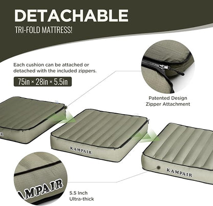 Detachable Tri Folding Sleeping Pad for Camping, Ultra-Thick 5.5 Inch Air Mattress, Quick Inflate, Zipper Design for Detachment, Machine Washable, Family Pad for Camping & Traveling, Green