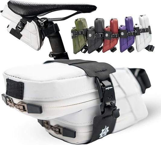 Lumiere & Co. Magnetic Quick-Release Bike Saddle Bag – Double Compartment, Low-Profile Brick Design, Designed with Fidlock's Magnetic Black V Buckle Attachment System, Mach X (White)
