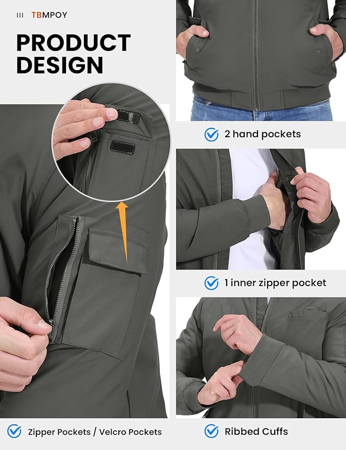 TBMPOY Men's Fall Jacket Winter Windbreaker Bomber Zip Up Padded Softshell Warm Windproof Casual Coat