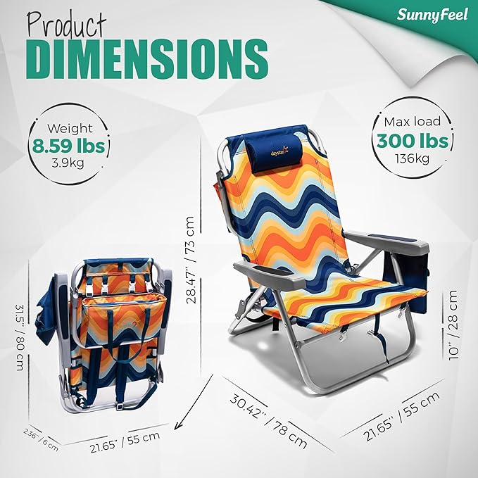 SUNNYFEEL Low Beach Chair 5 Position Lay Flat, Portable Folding Backpack Beach Chairs Heavy Duty with Cooler Bag, Cup Holder for Outdoor/Lawn/Trip/Picnic/Fishing, Foldable Camping Chair