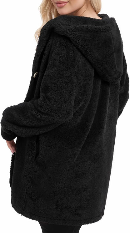 MANGOPOP Womens Fleece Jacket 2025 Winter Oversized Fuzzy Hooded Coat Button Cardigan Sherpa Sweaters Outerwear with Pockets