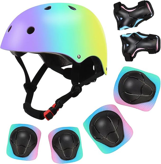 Color Gradient Adjustable Kids Bike Helmet with Knee & Elbow Pads Set | Multi-Sport Safety Gear for Boys & Girls Ages 5-14 | Skateboarding, Scooters, Roller & Inline Skating, Longboarding