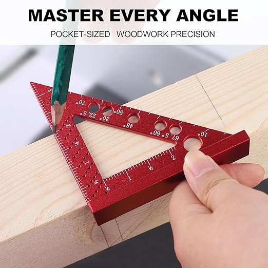 Carpenter Square, Small Triangle Square, 90 Degree Small Square Ruler, Woodworking Measuring Tool with Fixed Miter Angle Pin (Red)
