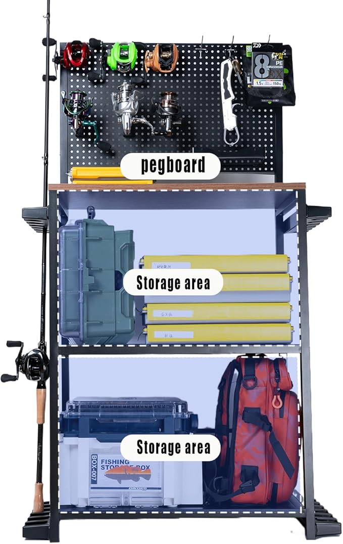 Fishing Rod Holders for Garage 3-Tier, Integrated structure extremely stable, Gear Storage for Up to 12 Rods with Hooks & Wheels, for Rod, Box, Reel Storage (6 hooks 6 reel rack 1 trays 4 wheels)