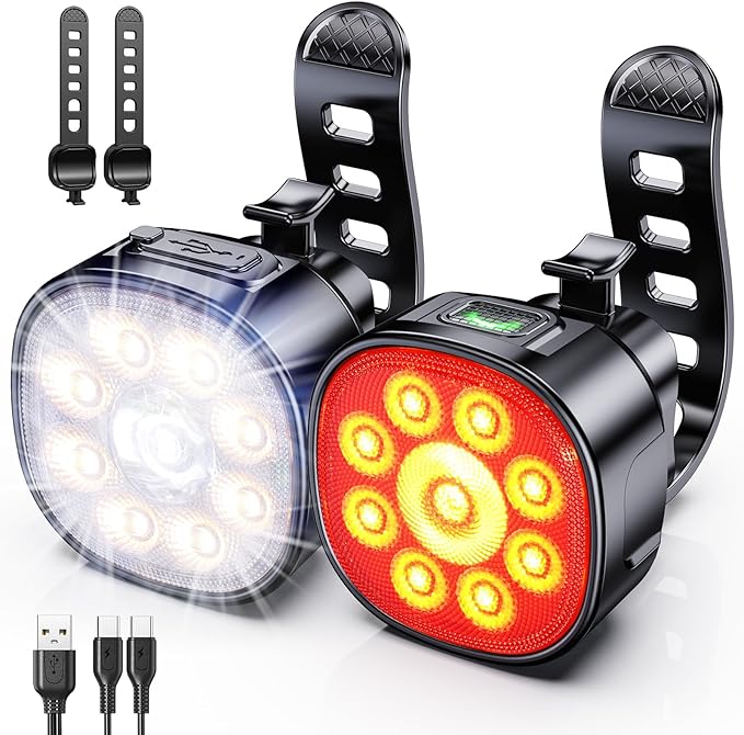 Bike Lights [8+7 Modes], USB Rechargeable Bike Lights Front and Back, Ultra Bright with Spotlight & Floodlight, IP65 Waterproof Bicycle Lights for Road Mountain Day/Night Cycling Safety