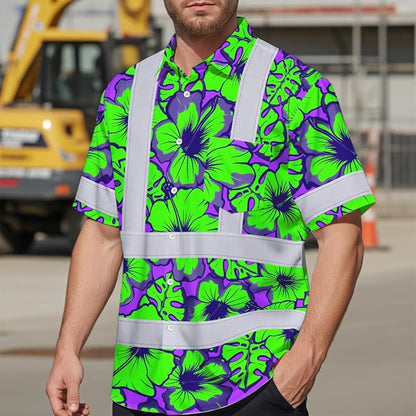 High Visibility Hawaiian Shirt for Men Tropical Shirts Custom Name Floral Outfit Reflective Safety Workwear