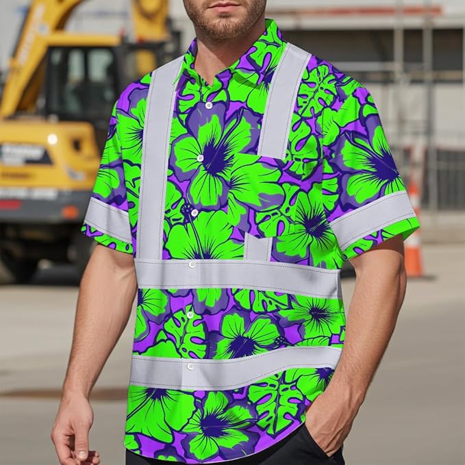 High Visibility Hawaiian Shirt for Men Tropical Shirts Custom Name Floral Outfit Reflective Safety Workwear