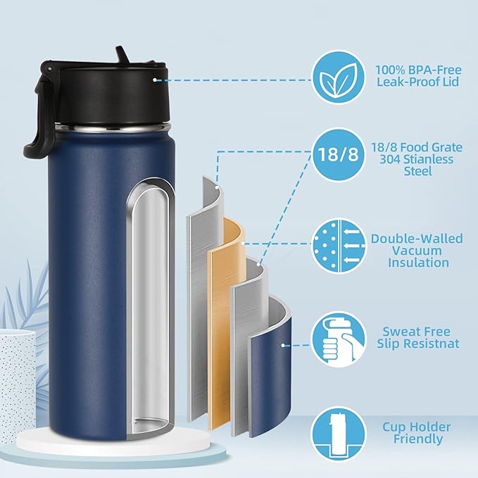 Volhoply Kids Insulated Water Bottle with Straw,16oz Stainless Steel Cold Water Bottles for School,BPA-Free Metal Wide Mouth Cups with Handle Lid,Reusable Double Wall Vacuum Sport Flask(Navy,1)