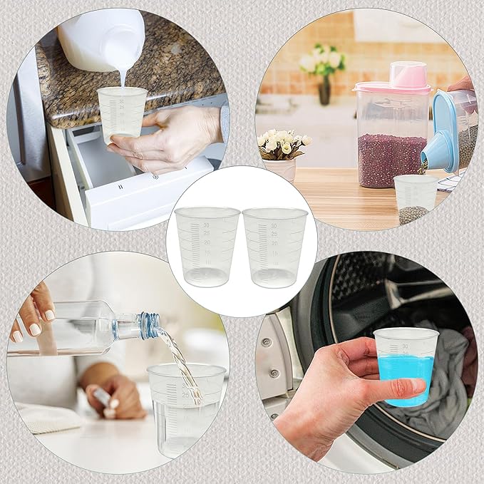 100 Pack 1oz/30ml Plastic Graduated Cups Transparent Scale Cups with 50 Pack Wooden Stirring Sticks for Mixing Paint, Stain, Epoxy, Resin