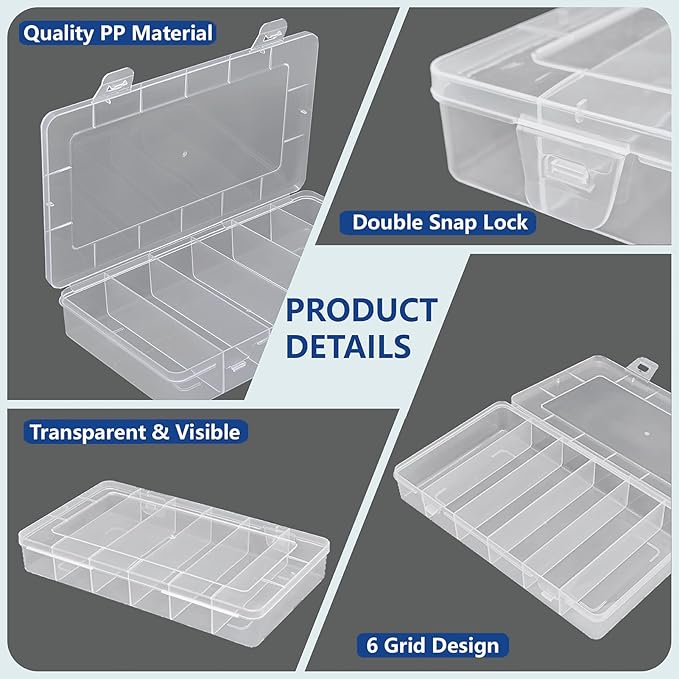 6 Pack 6 Grids Tackle Box Organizer, Clear Plastic Fishing Tackle Tray Box Board Game Storage Container Case for Crafts Beads Earrings Screws Nail Bobby Pins
