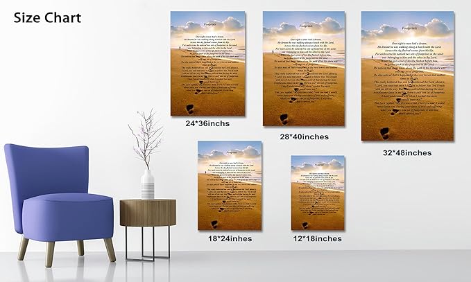 Footprints in the Sand Canvas Prints Wall Art, Footprints in the Sand Wall Art Decor, Inspirational Christian Poem Wall Poster Gift, Beach Picture Wall Art for Living Room Beach Office 32"Wx48"HInches