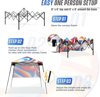 EAGLE PEAK 8x8 Pop Up Canopy Tent with Sidewall, Compact, Portable Slant Leg Instant Sun Shelter for Beach, Sports, & Camping, 8x8 Base 6x6 Top, Swirl