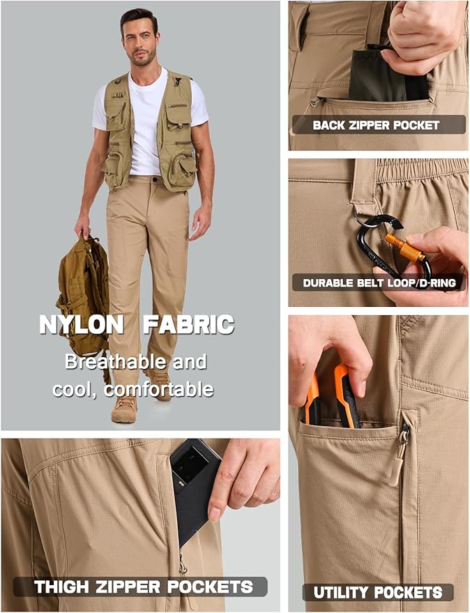 Mens Lightweight Cargo Hiking Patns Outdoor Quick Dry Work Tactical Pants with 6 Pockets Water Resistant Fishing Travel Pants