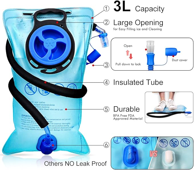 3L 2L 1.5L Hydration Bladder, Upgraded Leak Proof 50OZ/ 70OZ/ 100OZ 3 Liter Water Reservoir for Most Hydration Pack Replacement with Quick Release Insulated Tube & Auto Shut-Off Valve Outdoor