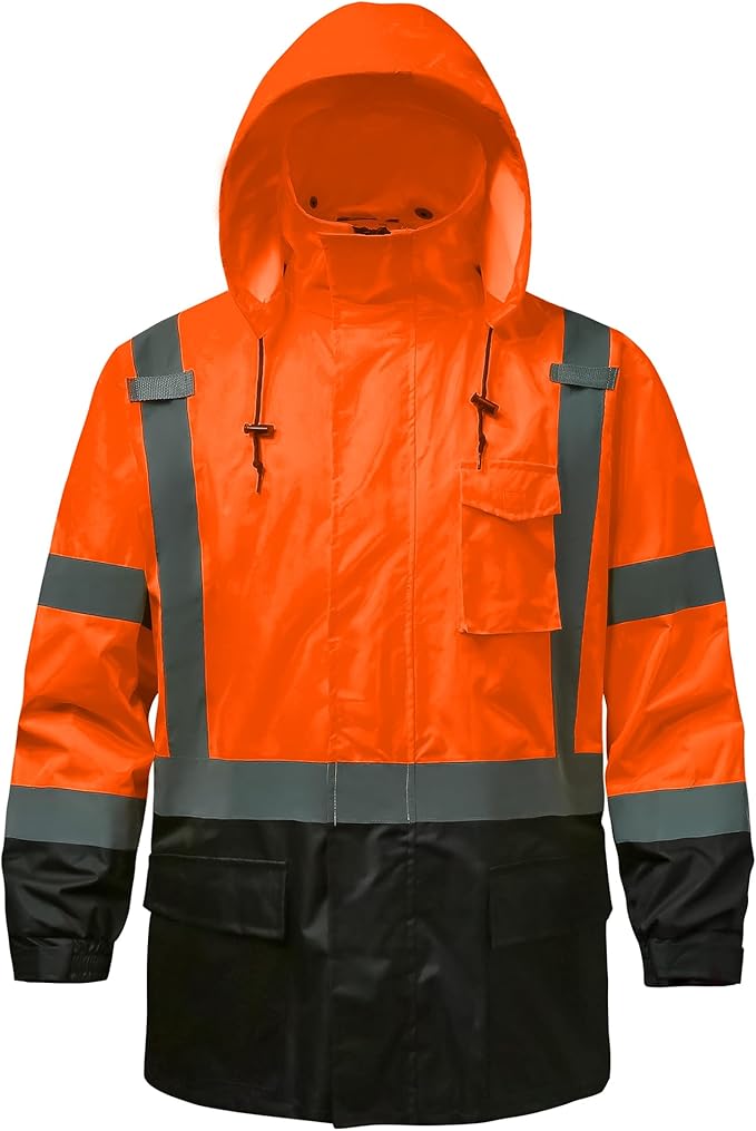 Reflective Rain jackets for men waterproof,Hi Vis Safety Coat With Reflective Strips，High Visibility Class 3 Rain jackets With 2 large pockets，Zipper,Black Bottom Orange,4XL/5XL