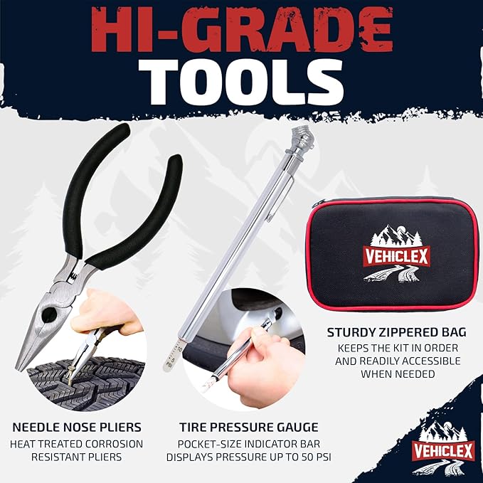 Vehiclex Tire Repair Kit for Plug and Patch with Aluminum Handled Tools - Emergency Kit with Pliers in Zippered Bag for Car, Motorcycle, ATV, Tractor, Lawn Mower