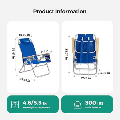 SUNNYFEEL High Back Folding Beach Chair, Tall Beach Chair with 3 Reclining Position, Portable Camping Chair for Adults with Wood Armrest, Lightweight Camping Chair 300 lbs Heavy Duty, Blue, 2 Pack