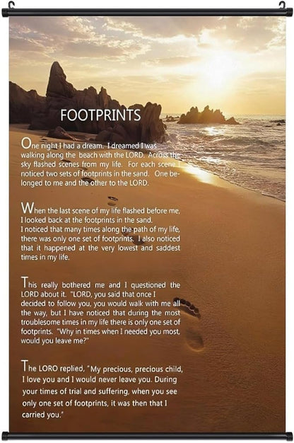 Footprints in the Sand Religious Canvas Wall Art Posters, Inspirational Beach Sunset Poem Print Poster (Black Axis 12x18inch, Footprints(2))