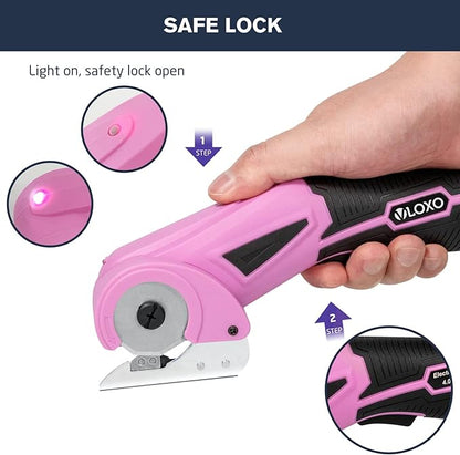 VLOXO Cordless Electric Scissors, Rechargeable Fabric Scissors with Safety Lock, 4.0V Rotary Cutter Multi-Cutting Tools, Cardboard Powerful Fabric Cutter for Carpet Leather Felt with Storage Box