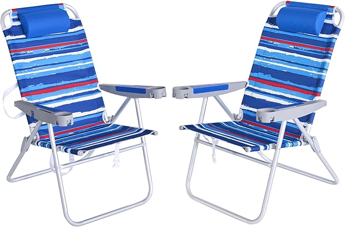 SUNNYFEEL 17" Tall Oversized Beach Chairs 2 Pack for Adults Heavy Duty 500 LBS, 5 Position, Portable High Folding Camping Chair with Cup Holder for Outdoor/Lawn/Trip, Foldable Sand Chairs for Adults