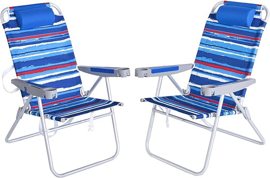 SUNNYFEEL 17" Tall Oversized Beach Chairs 2 Pack for Adults Heavy Duty 500 LBS, 5 Position, Portable High Folding Camping Chair with Cup Holder for Outdoor/Lawn/Trip, Foldable Sand Chairs for Adults
