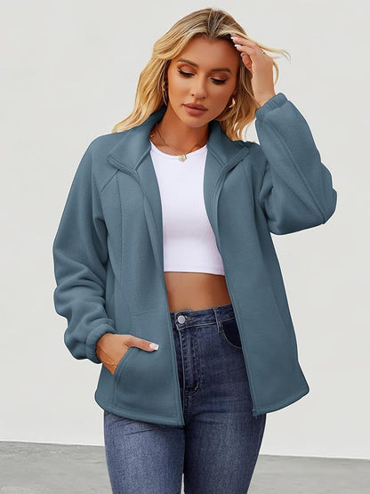 Womens Zip Up Fleece Jacket With 6 Pockets Casual Long Sleeve Fall Winter Fashion Outfits Clothes 2025
