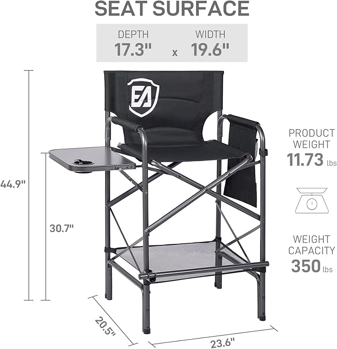 EVER ADVANCED 2 Piece 30.7" Seat Height Directors Chairs for Makeup Artist with Side Table Easy Get in Out for Elderly Tall Camping Chair Supports 350lbs Black