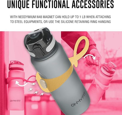 Tritan Sports Water Bottle with Magnetic Silicone Carry Strap & One Click Open Cap - Magnetic Drink Holder for Metal Equipment - Bottle w/Straps for Backpack, Belt & More (30oz, Fuchsia)