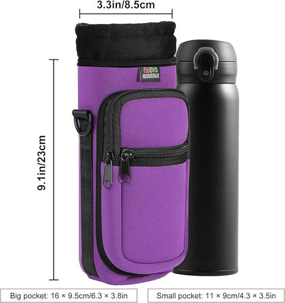 Nuovoware Water Bottle Carrier Bag,25oz/40oz/64oz Bottle Pouch Holder,Adjustable Shoulder Hand Strap 2 Pocket Sling Neoprene Sleeve Sports Accessories for Hiking Travelling Camping