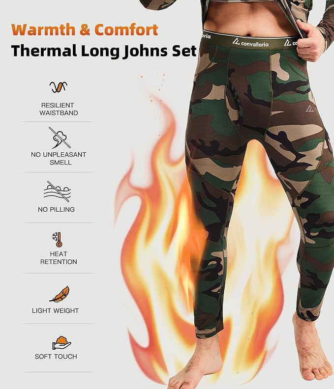 CL convallaria Mens Thermal Underwear Set with Fly Long Johns Base Layer Winter Hunting Gear Sport Top and Bottom