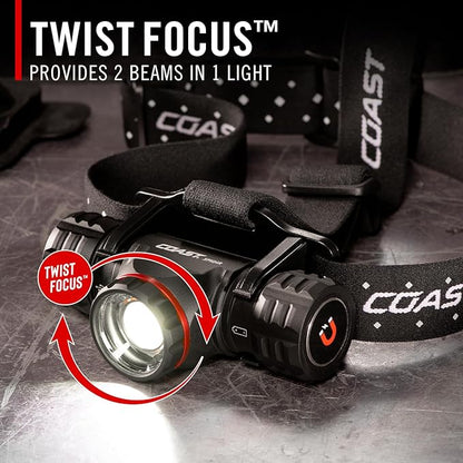 Coast® XPH34R 2075 Lumen USB-C Rechargeable-Dual Power LED Headlamp withPURE Beam® Twist Focus™ and Magnetic Base