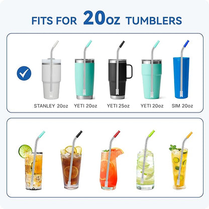 Reusable Metal Straws with Silicone Tip for Stanley 20oz,Stainless Steel Drinking Straws for 20oz Tumbler,3 Bent Tubes & 6 Tips& 1 Cleanr Brush(White)