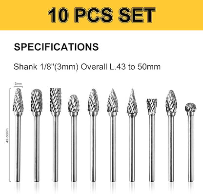 Tungsten Carbide Burr Set, 1/8" Shank 10PC Double Cut Die Grinder Rotary Tool Cutting Burrs Set for Metal and Wood Working Carving, Engraving, Polishing, Grinding with Clear Storage Case