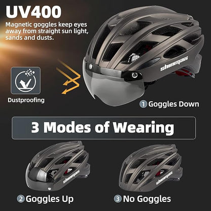 Shinmax Bike Helmet, CPSC/CPC Bike Helmet for Adult Men Women with Magnetic Goggles&Led Back Light Cycling Helmet Adjustable SM-T69